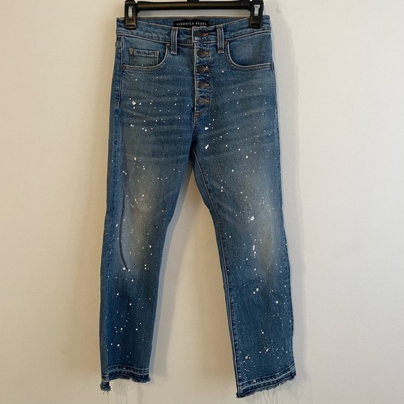 Veronica Beard Ines Paint Splatter Straight-Leg Crop Girlfriend Jeans - Picture 1 of 7